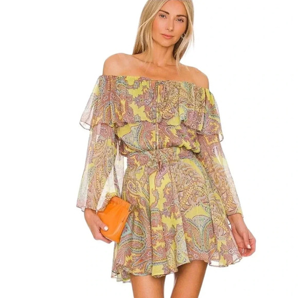 Misa Pamela Off Shoulder Mini Dress in Ischia Neon Yellow Paisley Size S NWT - Picture 1 of 14